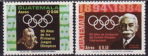 Гватемала, 1986, 90 лет МОК, П. де Кубертен, 2 марки